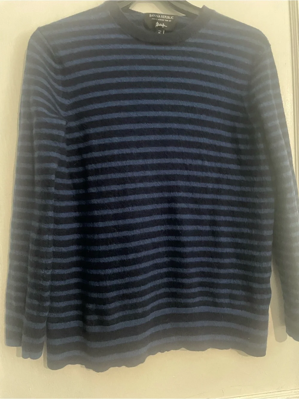Banana Republic Striped Crewneck Sweater - Navy & Blue Italian merino yarn by